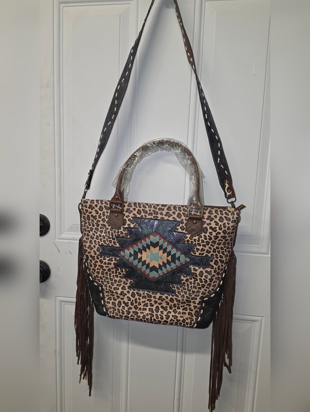 Leopard-Print Fringe Tote with Tribal Embroidery - Brown